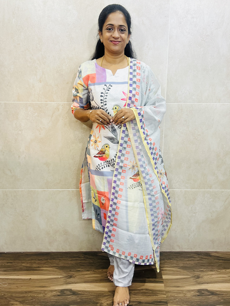 Light Grey - Printed linen cotton top (cotton lining) paired with linen cotton dupatta and linen cotton bottom (free size)