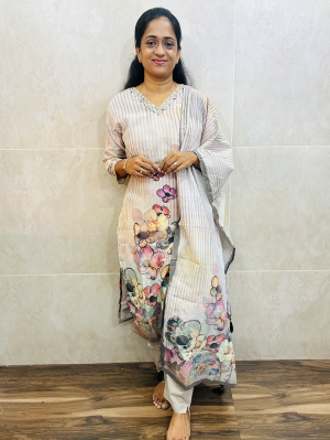 Printed cotton top(cotton lining)with handwork on yoke paired with printed cotton dupatta and cotton bottom(straight cut)