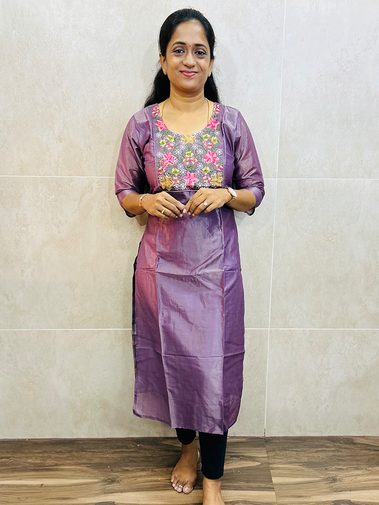 Purple - Soft tissue silk top (crepe lining) with embroidered yoke (straight cut)