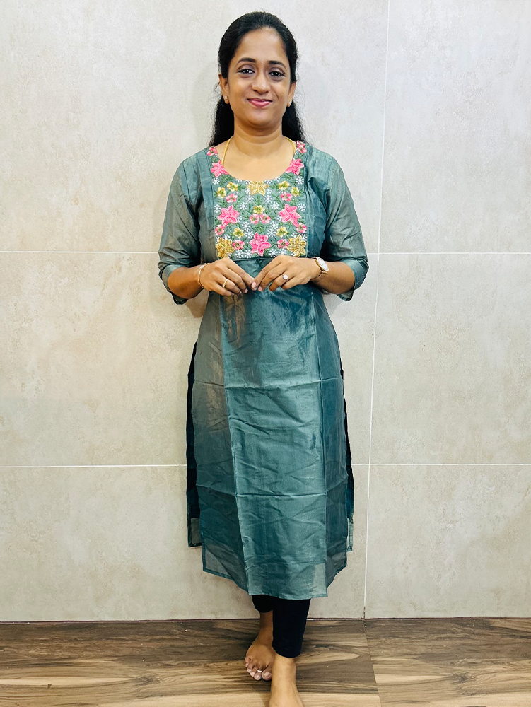 Greenish grey - Soft tissue silk top (crepe lining) with embroidered yoke (straight cut)