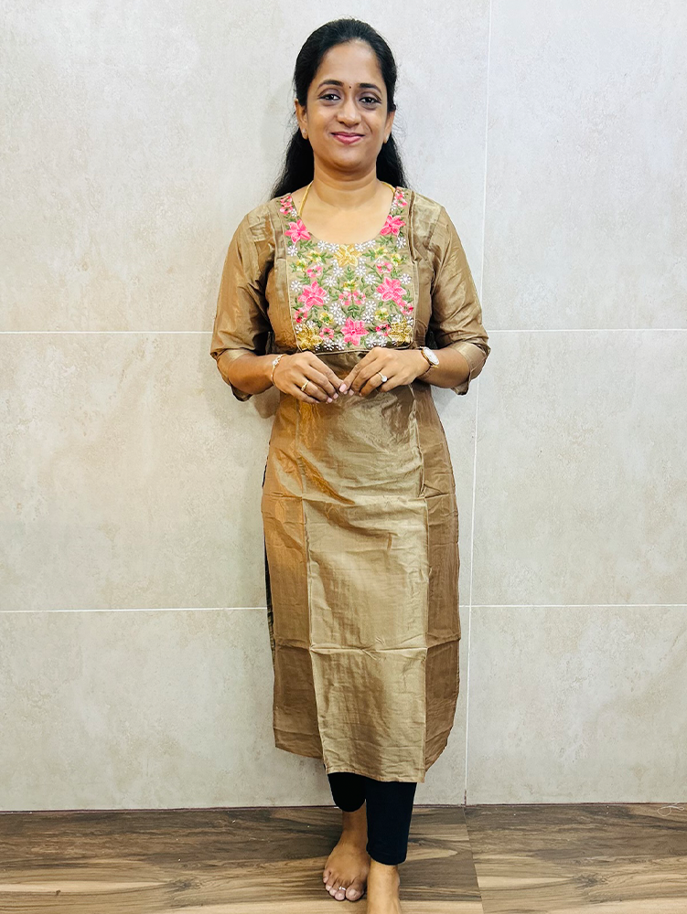 Light Brown - Soft tissue silk top (crepe lining) with embroidered yoke (straight cut)
