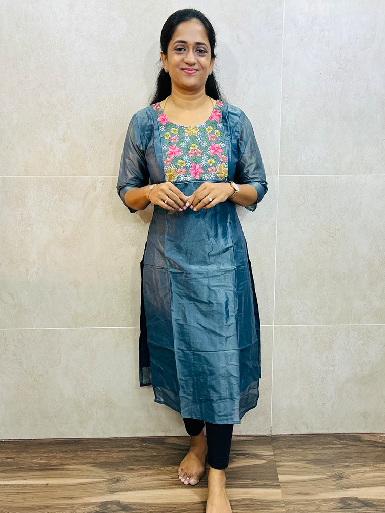 Cement Grey - Soft tissue silk top (crepe lining) with embroidered yoke (straight cut)