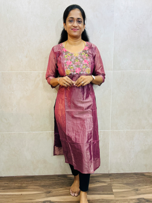 Onion Pink - Soft tissue silk top (crepe lining) with embroidered yoke (straight cut)