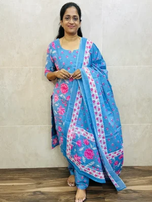 Printed Jaipur cotton top (cotton lining) with with printed cotton dupatta and cotton bottom (Free size)
