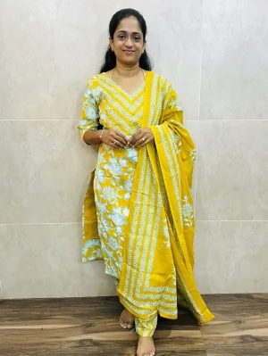 Printed Jaipur cotton top (cotton lining) with with printed cotton dupatta and cotton bottom (Free size)