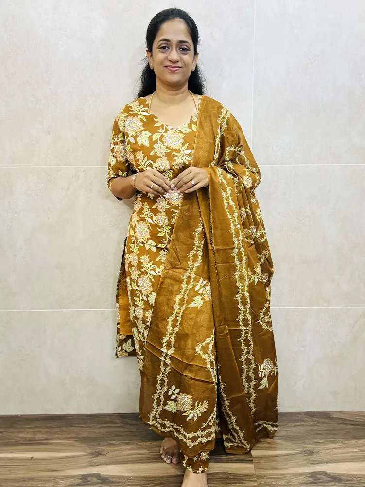Printed Jaipur cotton top (cotton lining) with with printed cotton dupatta and cotton bottom (Free size)