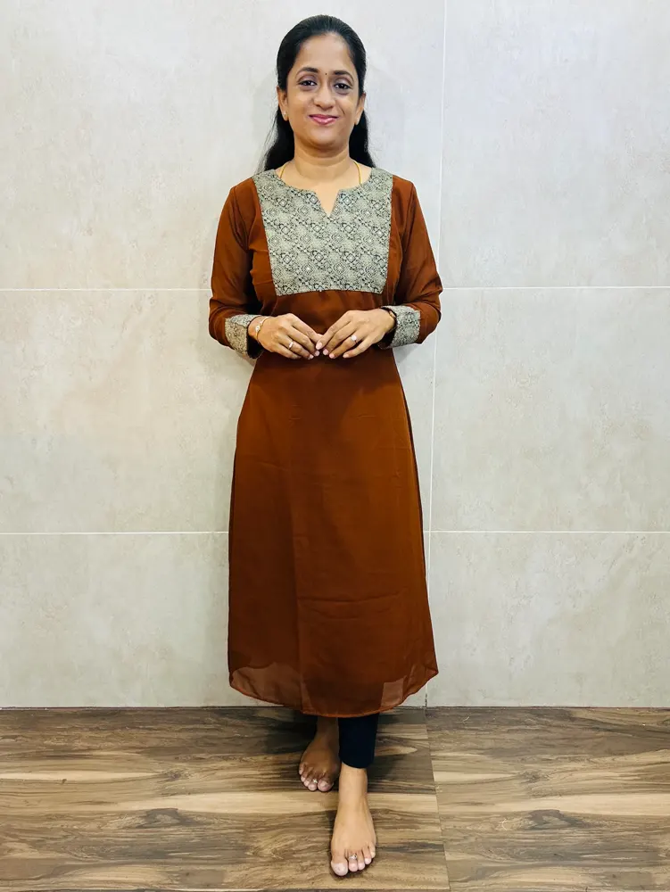 (Honey brown)Georgette top(crepe lining)with cotton patchwork on yoke and sleeves(Aline pattern)