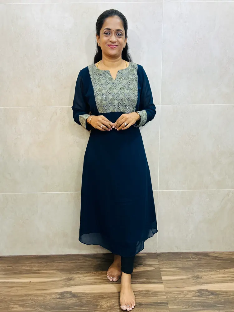 (Teal blue)Georgette top(crepe lining)with cotton patchwork on yoke and sleeves(Aline pattern)