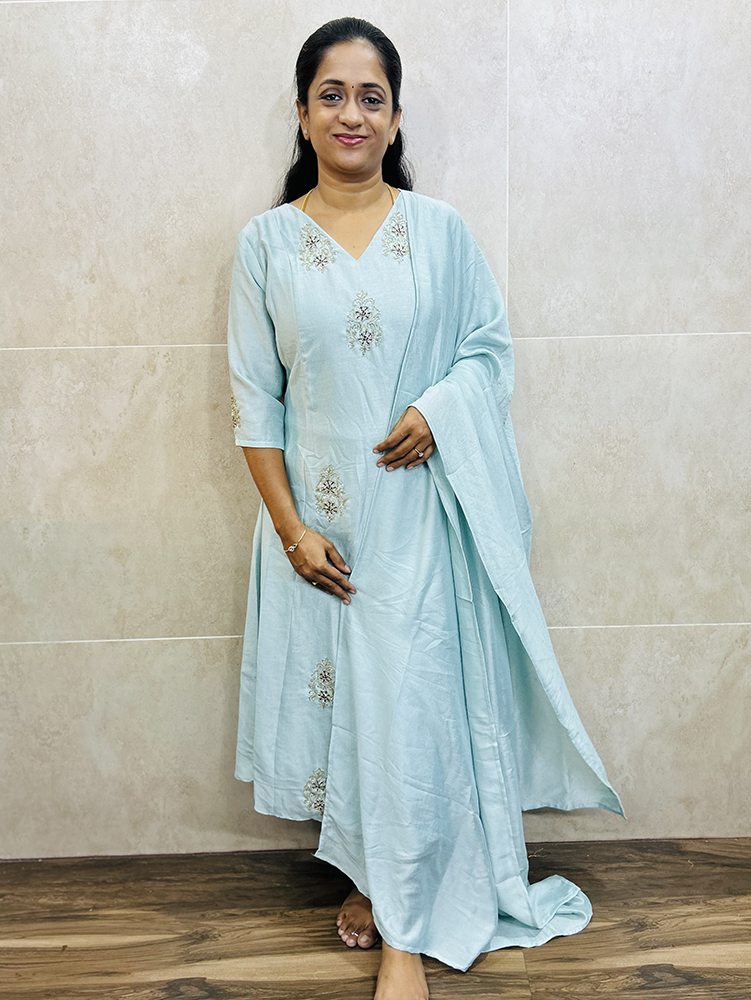 Dispatch after 15 working days - Soft silk top (crepe lining) with allover handwork embroidery paired with soft silk dupatta (Aline pattern)