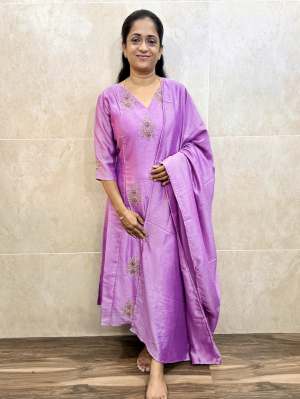 Dispatch after 15 working days - Soft silk top (crepe lining) with allover handwork embroidery paired with soft silk dupatta (Aline pattern)