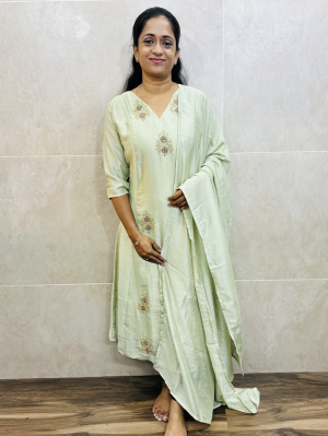 Dispatch after 15 working days - Soft silk top (crepe lining) with allover handwork embroidery paired with soft silk dupatta (Aline pattern)