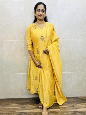 Dispatch after 15 working days- Soft silk top (crepe lining) with allover handwork embroidery paired with soft silk dupatta (Aline pattern)
