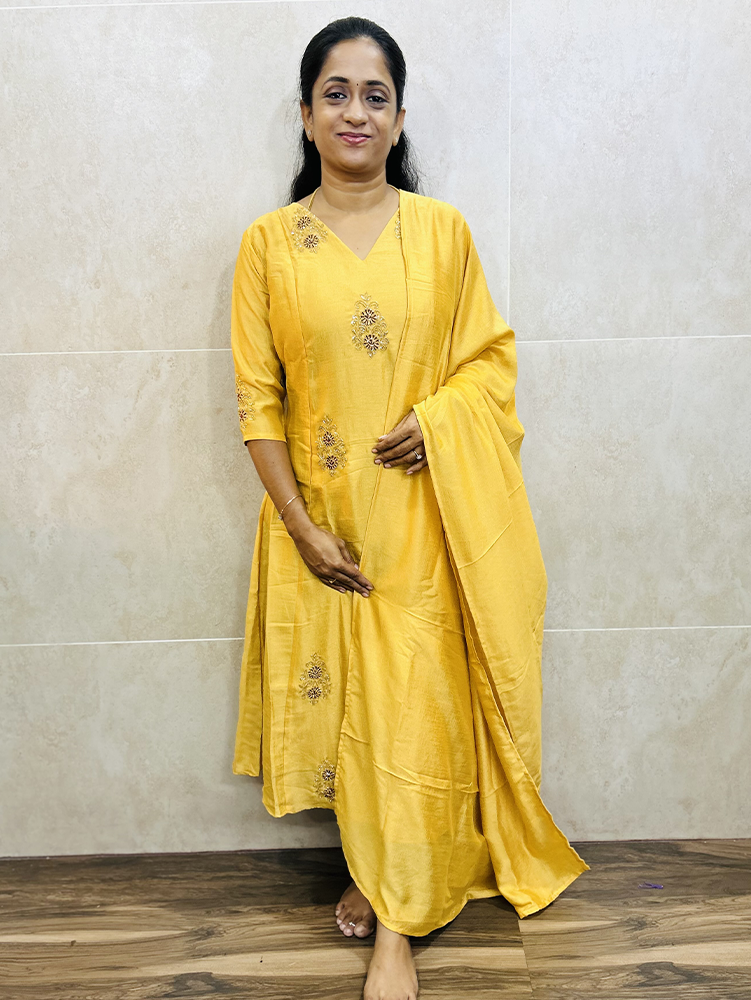 Dispatch after 15 working days- Soft silk top (crepe lining) with allover handwork embroidery paired with soft silk dupatta (Aline pattern)