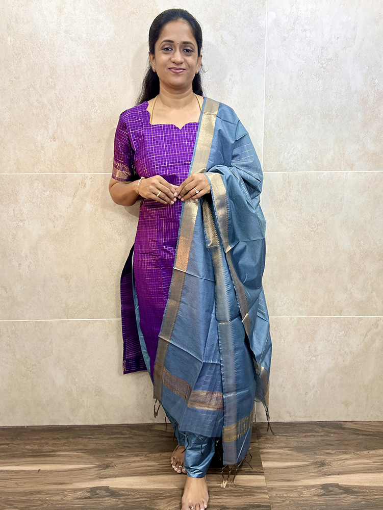 Semi silk top (cotton lining) with all over zari weavings paired with semi silk dupatta and silk bottom (free size)