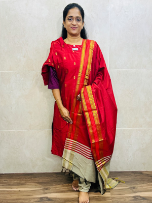 Semi raw silk top (cotton lining) with all over thread weaving paired with semi raw silk dupatta and semi raw silk bottom (free size)