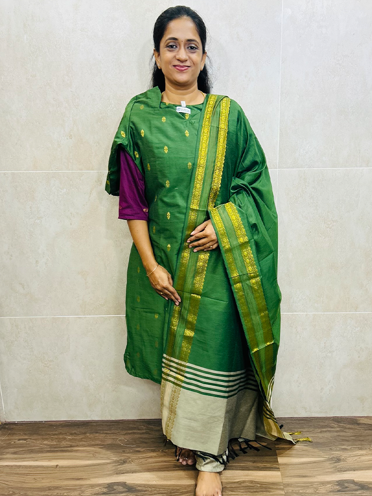 Semi raw silk top (cotton lining) with all over thread weaving paired with semi raw silk dupatta and semi raw silk bottom (free size)