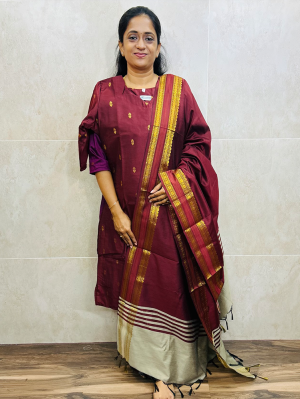 Semi raw silk top (cotton lining) with all over thread weaving paired with semi raw silk dupatta and semi raw silk bottom (free size)