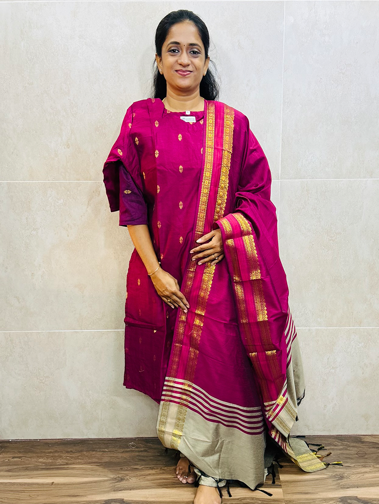 Semi raw silk top (cotton lining) with all over thread weaving paired with semi raw silk dupatta and semi raw silk bottom (free size)