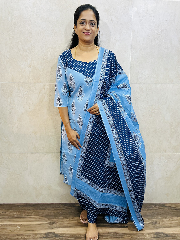 Printed Jaipur cotton top (cotton lining) with with printed cotton dupatta and cotton bottom (Free size)