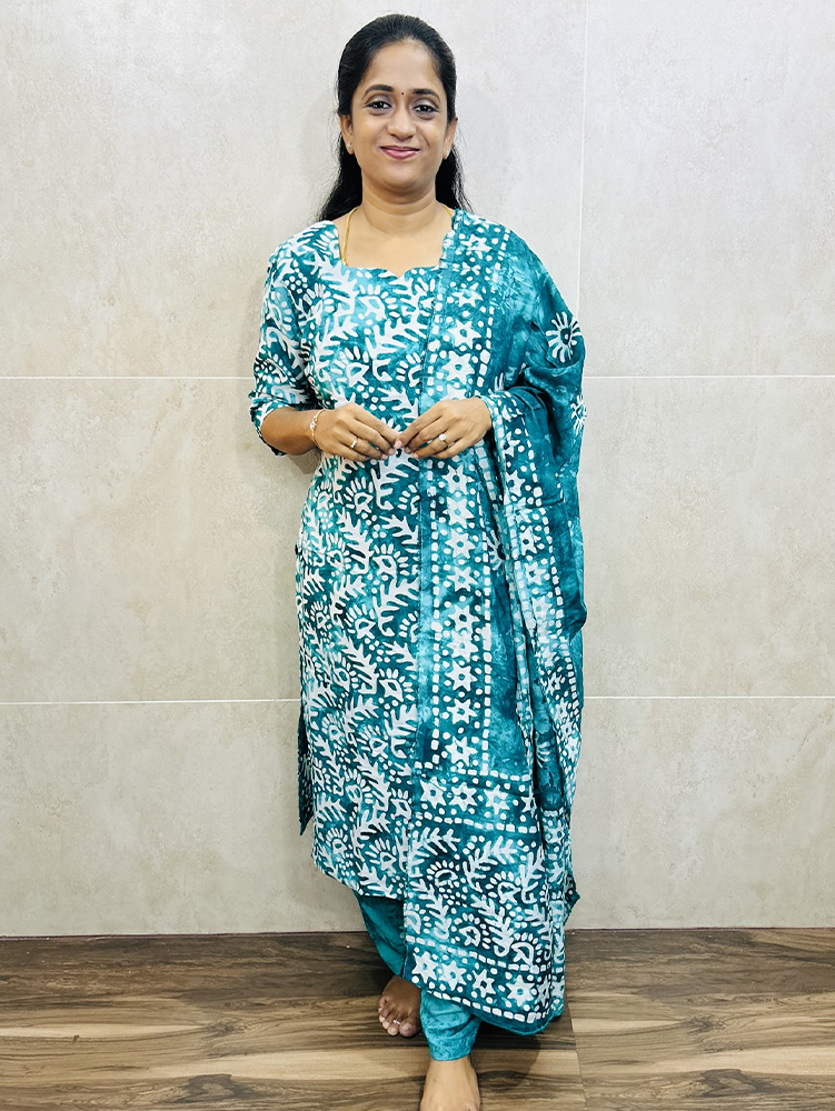 Batik printed Rayon top(cotton lining)paired with printed rayon dupatta and rayon bottom(free size)