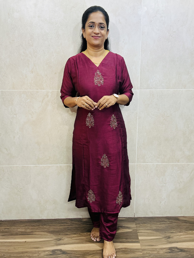 Soft silk top (crepe lining) with exclusive hand work allover the top paired with soft silk bottom (semi palazzo)