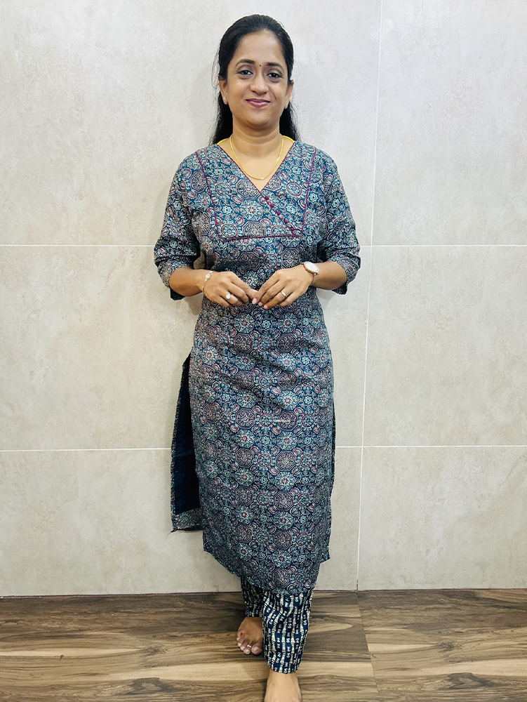 Printed rayon top (cotton lining) paired with printed rayon bottom (straight cut)