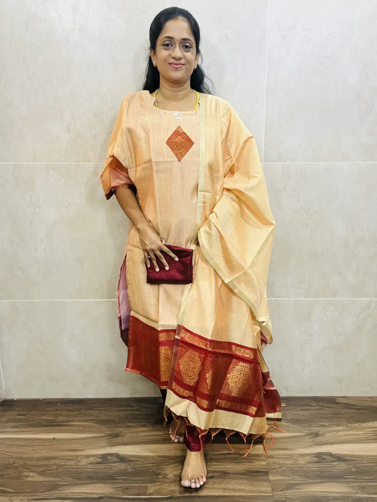 Soft silk top(cotton lining)with zari weavings paired with soft silk dupatta and silk bottom(free size)