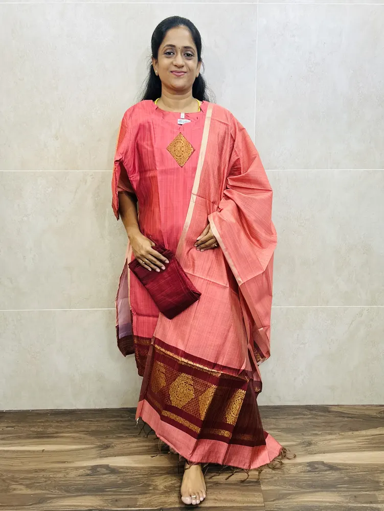 Soft silk top(cotton lining)with zari weavings paired with soft silk dupatta and silk bottom(free size)