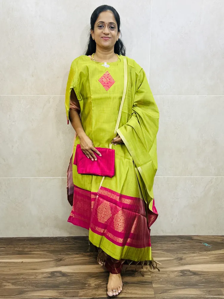 Soft silk top(cotton lining)with zari weavings paired with soft silk dupatta and silk bottom(free size)