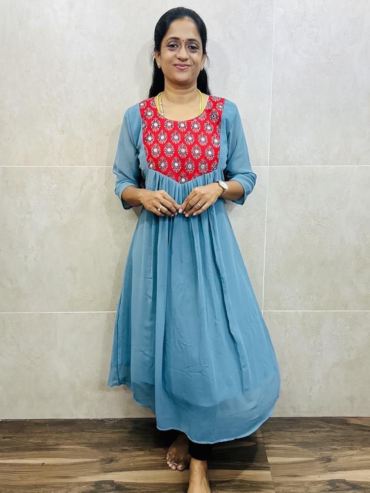 Georgette top (crepe lining) with mirror worked yoke (Aline Anarkali)