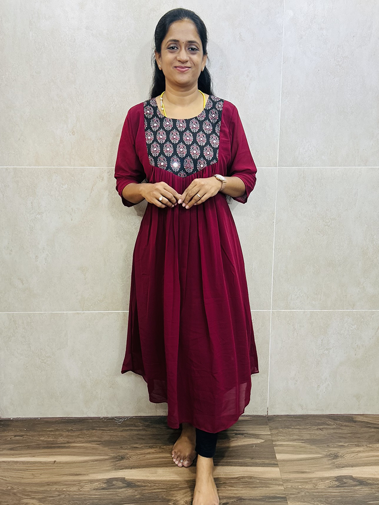 Georgette top (crepe lining) with mirror worked yoke (Aline Anarkali)