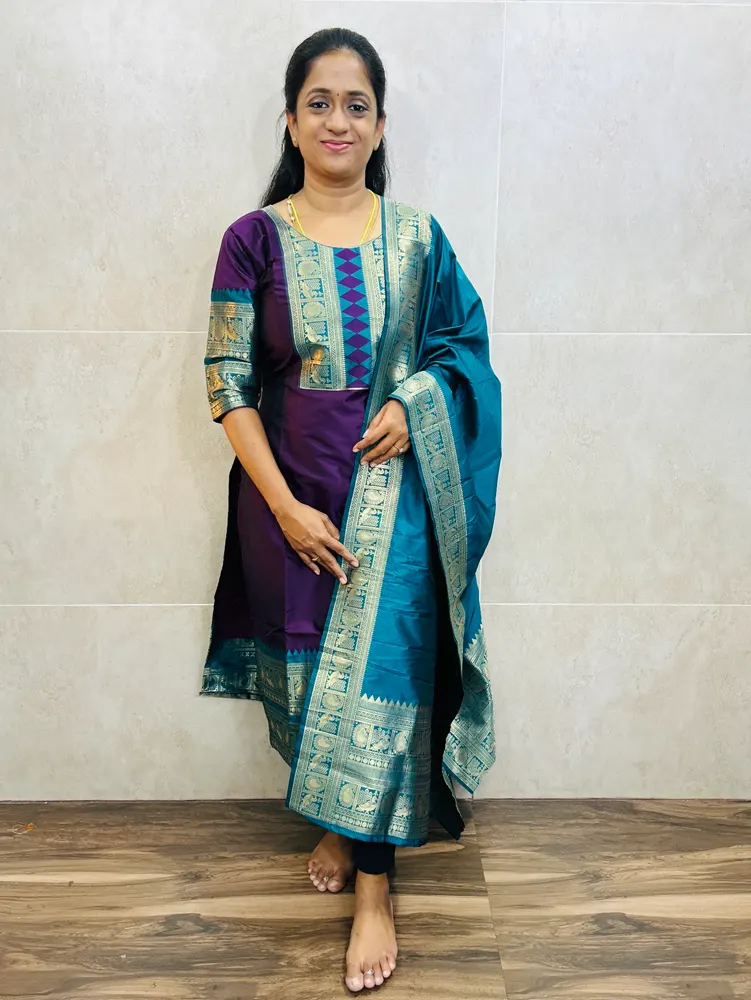Soft silk top(cotton lining)with allover zari weavings paired with zari weaved soft silk dupatta