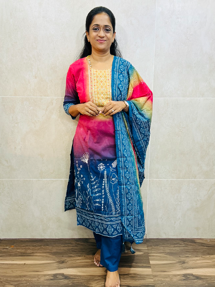 Printed cotton top(cotton lining)with handwork on yoke paired with printed cotton dupatta and cotton bottom(straight cut)