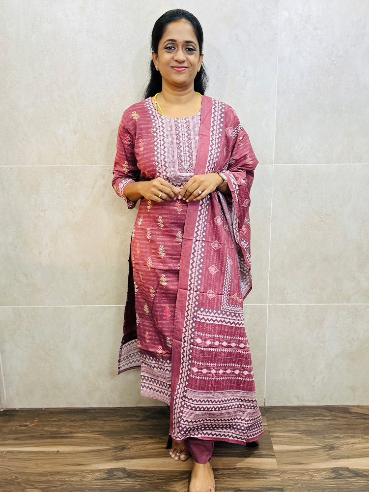 Printed cotton top(cotton lining)with handwork on yoke paired with printed cotton dupatta and cotton bottom(straight cut)