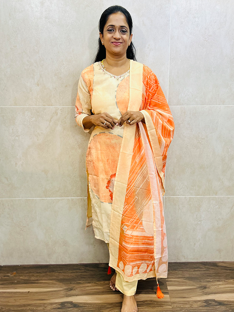 Printed cotton top(cotton lining)with handwork on yoke paired with printed cotton dupatta and cotton bottom(straight cut)