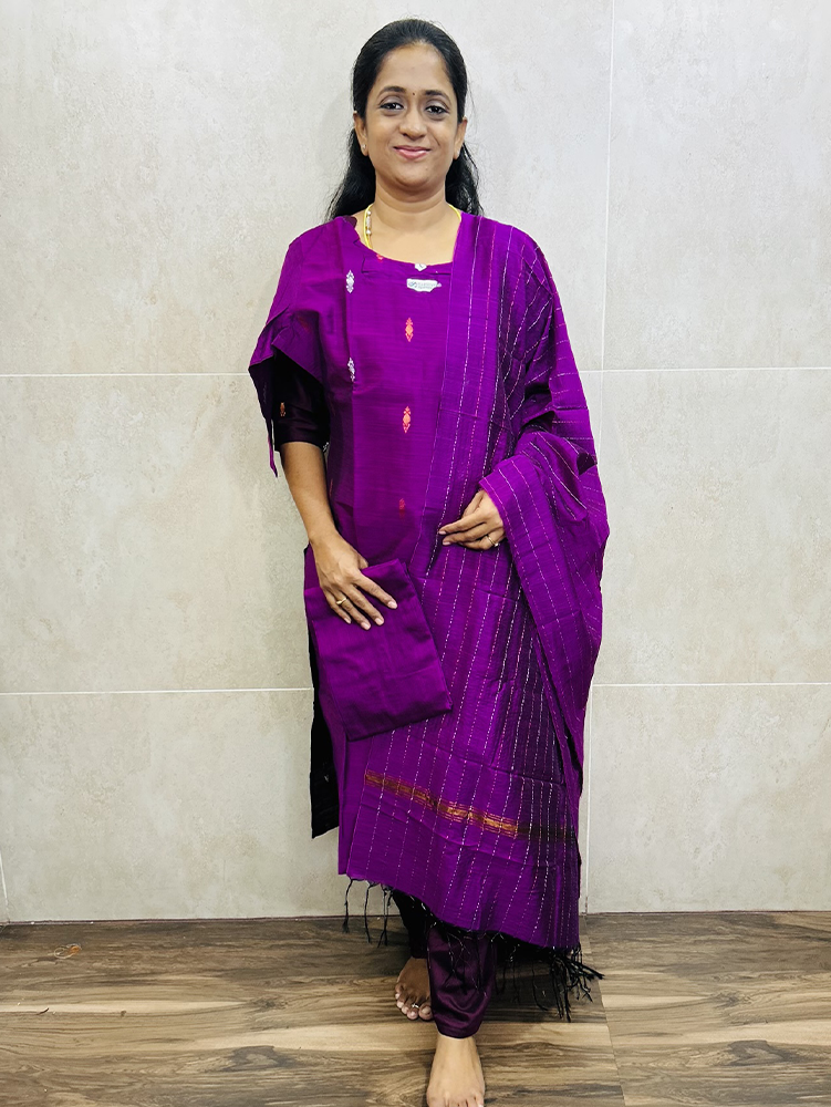 Semi raw silk top (cotton lining) paired with semi raw silk dupatta and semi raw silk bottom (Free size)
