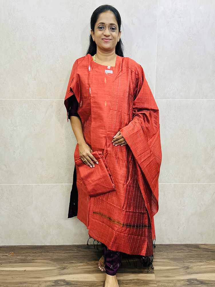 Semi raw silk top (cotton lining) paired with semi raw silk dupatta and semi raw silk bottom (Free size)