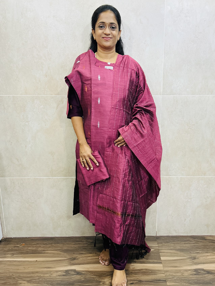 Semi raw silk top (cotton lining) paired with semi raw silk dupatta and semi raw silk bottom (Free size)