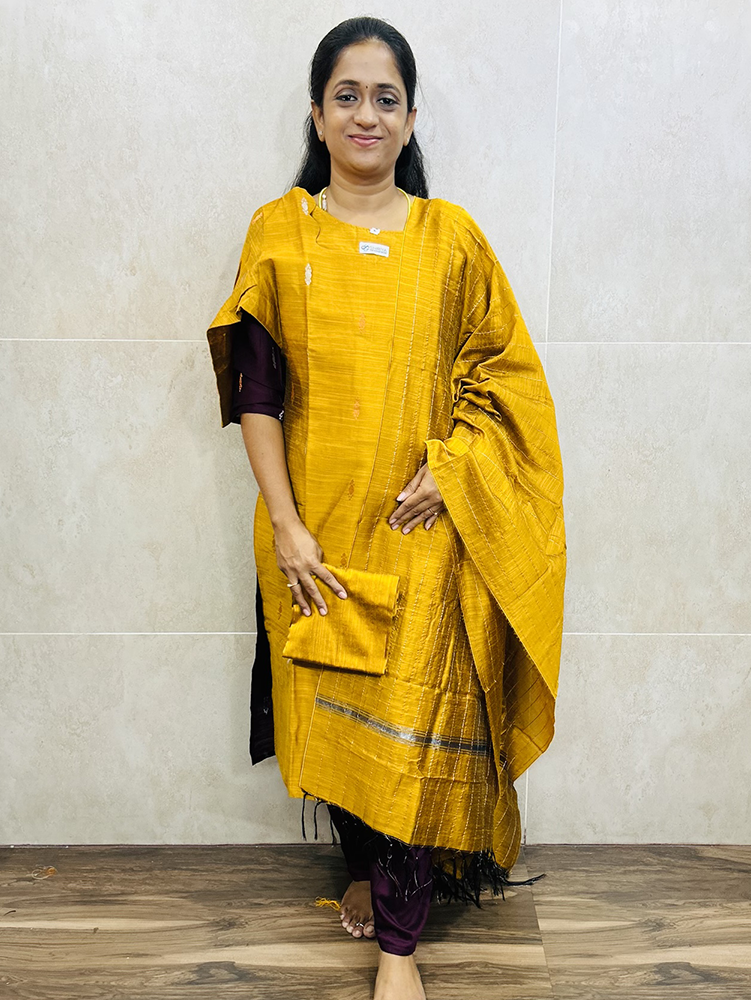 Semi raw silk top (cotton lining) paired with semi raw silk dupatta and semi raw silk bottom (Free size)