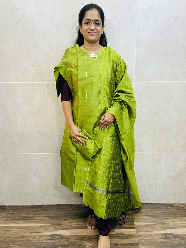 Semi raw silk top (cotton lining) paired with semi raw silk dupatta and semi raw silk bottom (Free size)