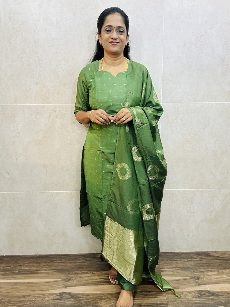 Soft silk top (cotton lining) with all over zari weaving paired with zari weaved soft silk dupatta and silk bottom (free size)
