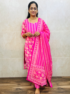 Printed Jaipur cotton top (cotton lining) with with printed cotton dupatta and cotton bottom (Free size)