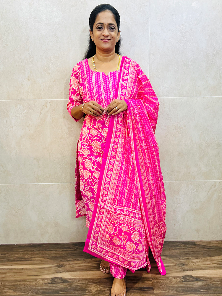 Printed Jaipur cotton top (cotton lining) with with printed cotton dupatta and cotton bottom (Free size)