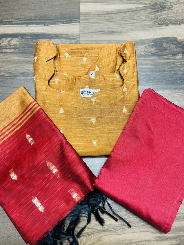 Size L - Semi raw silk top (cotton lining) paired with semi raw silk dupatta and semi raw silk bottom (Free size)