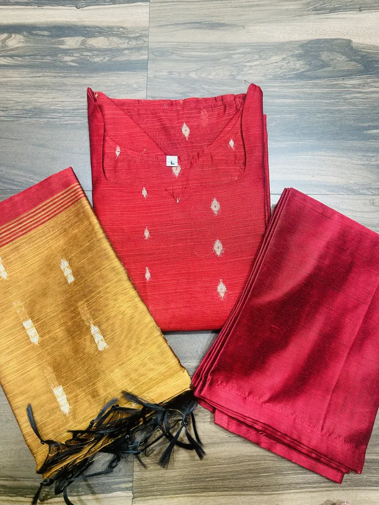 Size L - Semi raw silk top (cotton lining) paired with semi raw silk dupatta and semi raw silk bottom (Free size)