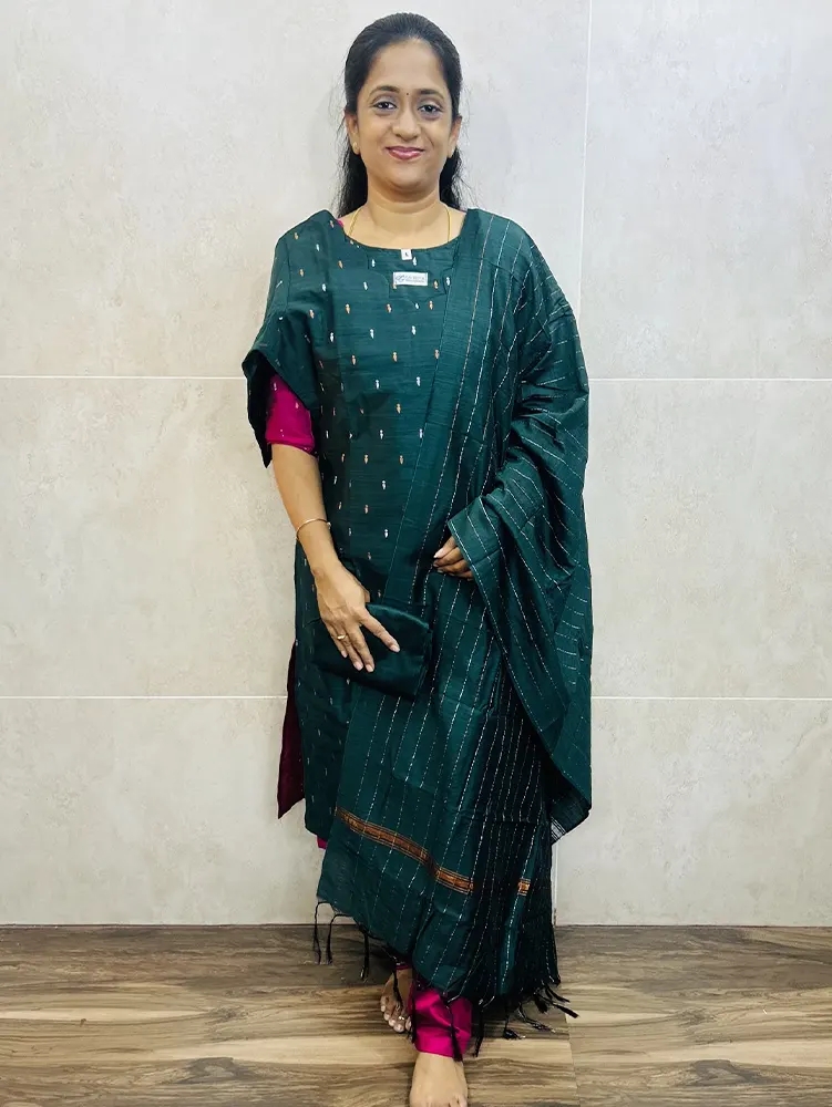 Semi raw silk top (cotton lining) paired with semi raw silk dupatta and semi raw silk bottom (Free size)