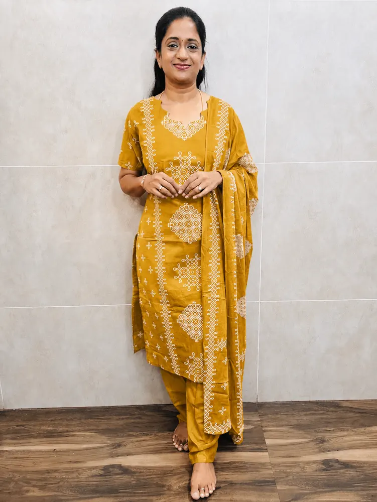 Printed Jaipur cotton top (cotton lining) with hand worked yoke paired with printed cotton dupatta and cotton bottom (Free size)