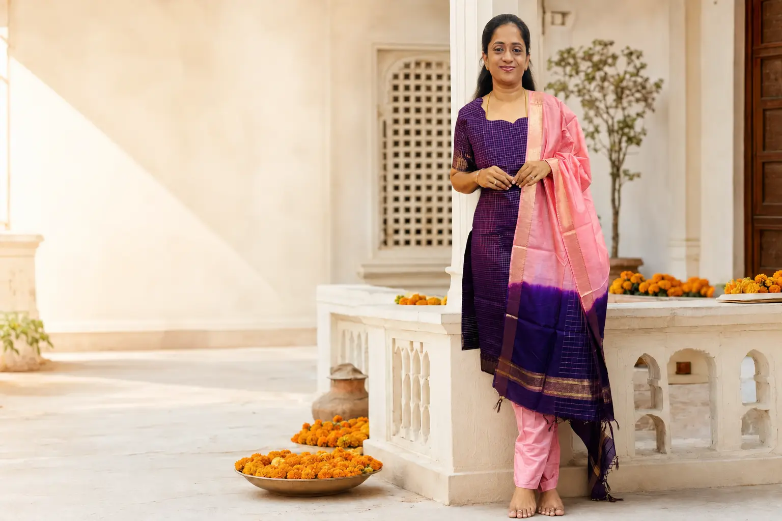 Aishwarya Jaganathan wearing a purple kurta with a pink dupatta