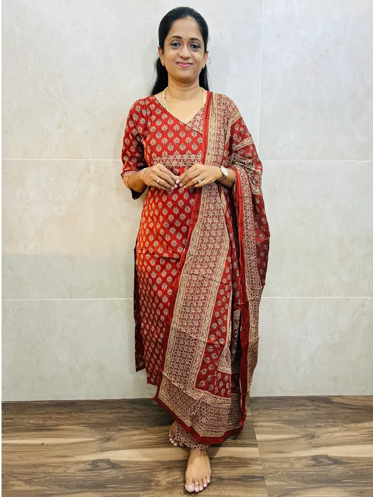Ajrakh dyed cotton top(cotton lining)with cotton dupatta and cotton bottom(free size)