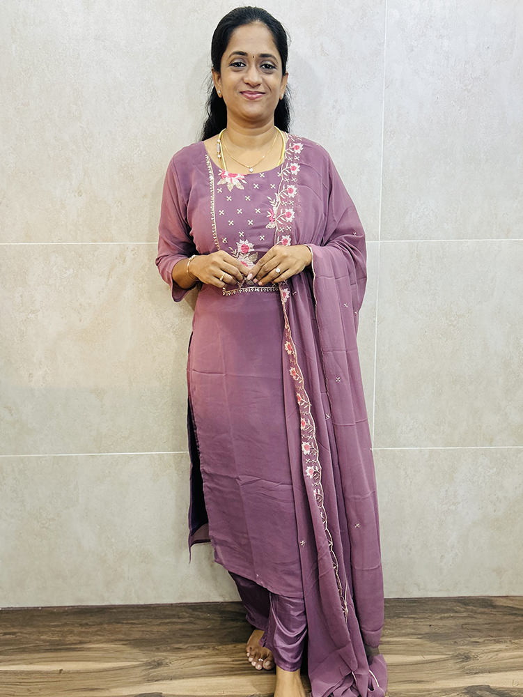 Georgette top (crepe lining) with embroidered yoke paired with Georgette dupatta and silk bottom (straight cut)